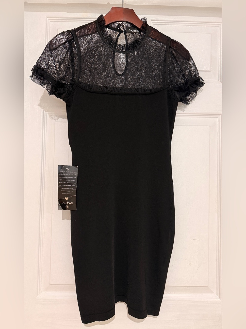 bebe Black Lace Yoke & Puff Sleeve Sheath Dress